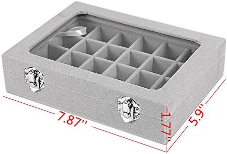 Meshela 24 Grids Velvet Glass Jewellery Ring Display Organiser Box Earrings Storage Holder (Grey)
