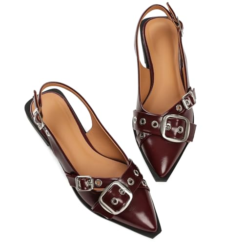 Women's Slingback Flats Closed Pointed Toe Low Heel Dress Flat Shoes Buckle Pathent Leather Ballet Flats for Women 2025 Comfrotable Work