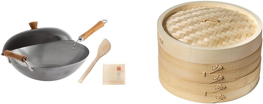 JOYCE CHEN Classic Series 14-Inch Uncoated Carbon Steel Wok Set with Lid and Birch Handles, 4 Pieces 2-Tier Bamboo Steamer Baskets, 10-Inch