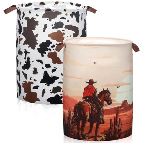 Image of 2 Pcs Western Cowboy Laundry Basket Cow Print Foldable Waterproof Hamper Cotton Linen Funny Tote Bag Dirty Clothes Storage Bucket Toy Organizer for Bathroom Laundry Bedroom, 18 X14 Inch