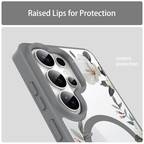 Image of VONZEE Compatible with Samsung Galaxy S26 Ultra 5G Case Luxury Retro Flowers Floral Clear for Magnetic Wireless Charging Case Shockproof PC+TPU Cute Glossy Shiny Cover for Girls Women, Grey