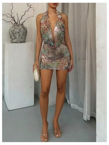 Image of OYOANGLE Women's Sexy Deep V Halter Dress Floral Bodycon Club Mini Dresses