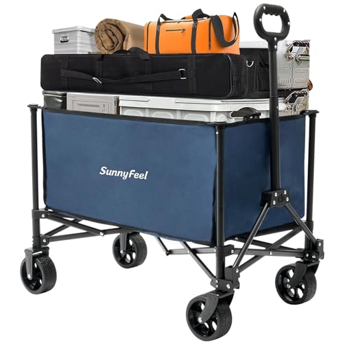 SUNNYFEEL Collapsible Wagon Cart with Wheels Foldable - 176lbs Standard Borderless Version Wagon Carts for Grocery Sports Garden Shopping Camping(Blue-5.8 Cu Ft, 164L)
