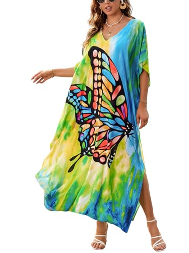 Image of IMAGEKOPE Women's Plus Size Loose Fit Moroccan Print V-Neck Batwing Kaftan Beach Dress Bathing Suit Cover Up