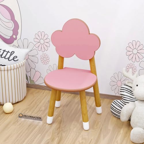 Image of DecorNation Kids Table & Chair Set - Cloud & Bunny Design, Solid Wood Legs, Pink Play Table with 4 Chairs - Study, Play & Activity Furniture for Toddlers & Children