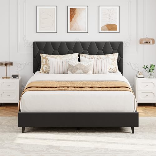 GAOMON Grey Full Bed Frame with Upholstered Headboard,Heavy-Duty Platform Bed Frame with Strong Wood Slats, No Box Spring Needed/Easy Assembly/Noise F