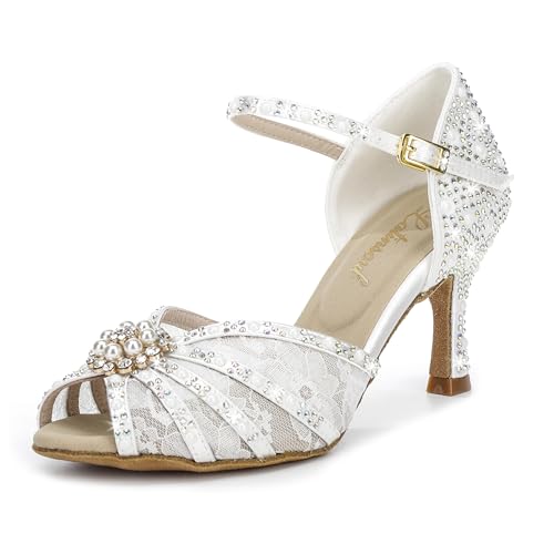 Latinsoul Y205-35 Women's Crystal Rhinestone Lace Latin Dance High Heel Shoes - Adjustable Ankle Strap Design, Stylish and Comfortable Dance Shoes