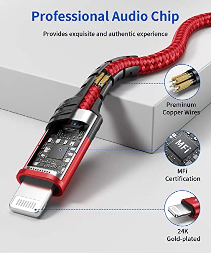 Image of JSAUX Lightning to 3.5mm iPhone AUX Cord Headphones Jack Compatible with iPhone 14 /14 Plus /14Pro /13 /13 Pro Max /12 /12 Pro /11 /X /XS /XR /8 /Car Stereo, 6FT, [Apple MFi Certified] -Red