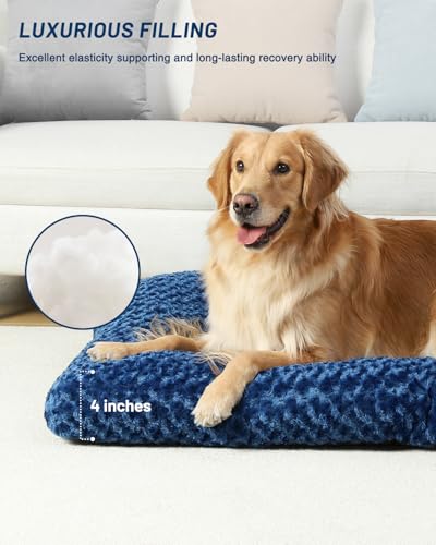 Image of KSIIA Washable Dog Beds Large Sized Dog Crate Bed Plush Mat 41 inchx27 inch Blue | Deluxe Plush Comfy Kennel Pad, Anti-Slip Bottom,Deep Sleeping Mat for Large Dogs,Machine Washable for Easy Cleaning