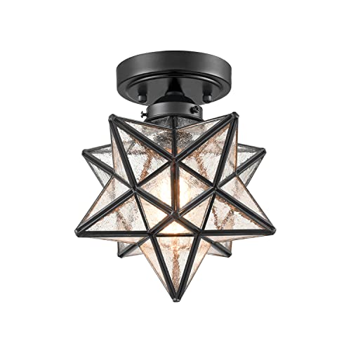 AXILAND Moravian Star Light Flush Mount Ceiling Light Black with Seeded Glass Shade for Living Room Bedroom Kitchen Hallway