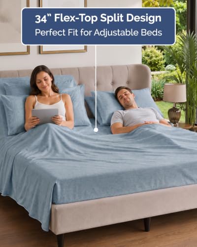 Image of Flex Top Split Head King 6 Piece Sheet Set - Cooling - Heathered Blue | Ultra Soft Hotel Luxury Bedding Set w / 8-16 Inch Deep Pockets, 1 Flat & 1 Split-Head Fitted Sheet & 4 Pillowcases, Fade Free