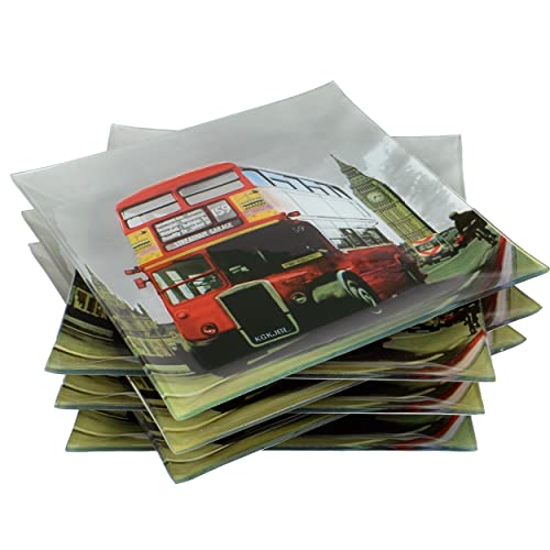 Set de 6 Assiettes Plates en Verre - Élégant Motif Londres - Carré 25x25 cm - Design city Chic et Tendance pour Service de Table Pour la Maison ou pour...