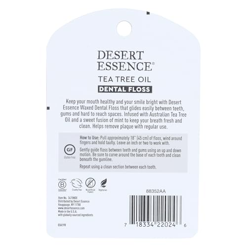 Image of Desert Essence Tea Tree Oil Dental Floss - 50 Yards - Naturally Waxed w / Beeswax - Thick Flossing No Shred Tape - On The Go - Removes Food Debris Buildup - Cruelty-Free Antiseptic