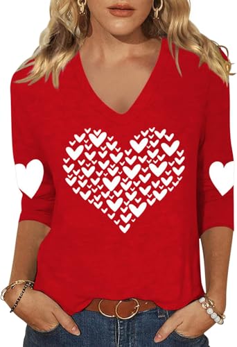 Image of Woffccrd Womens 3 /4 Sleeve V Neck T-Shirts Valentina's Day Spring Shirts Love Heart Printed Graphic Tees