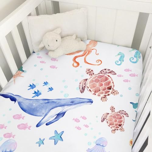 Image of Ocean Animals Corals Sea Weeds Baby Crib Sheet 52''x28'' Colorful Nautical Life Fitted Crib Mattress Covers for Boy Girl Nursery Toddler Baby Bed Sheet Fits Standard Crib Toddler Mattress