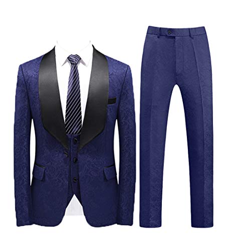 MllesReve Men's Slim Fit 3 Piece Jacquard Floral Wedding Suit Prom Jacket Pants