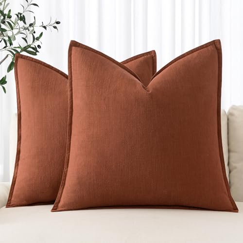 Image of MIULEE Decorative Linen Pillow Covers 18x18 Inch Rust Boho Farmhouse Neutral Couch Throw Pillows for Bed Pack of 2 Accent Modern Pillowcase Summer Sofa Livingroom Home Decor