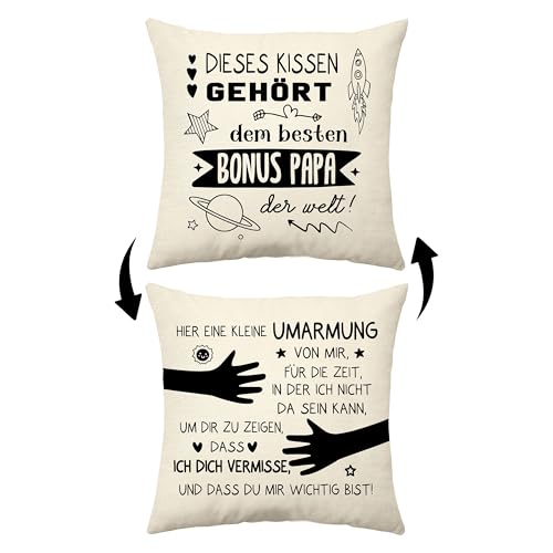 Aconesong Dieses Kissen Gehört dem Besten Bonus Papa der Welt Lustige Kissenbezüge für Stiefvater Vatertag für Mann Weihnachts Geburtstagsgeschenk von Kinder (Bonus Papa)