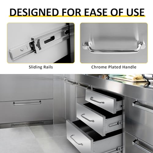 Image of Outdoor Kitchen Drawers 20 inch W x 27 inch H x 23 inch D Flush Mount Triple BBQ Drawers with Chrome Handle Stainless Steel Drawer for Outdoor Kitchen Island, Patio Grill Station