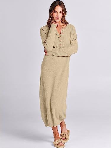 Image of ANRABESS Women Long Sleeve Button V Neck Oversized Casual Loose Fit Waffle Knit Fall Midi Sweater Dress 2026 Trendy Outfits