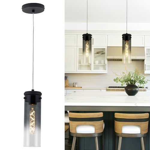 puncoll Modern Pendant Light - Black Pendant Lighting for Kitchen Island with Gradient Color Glass - Hanging Light Fixtures for Dining Room, H3955-1-SMBK