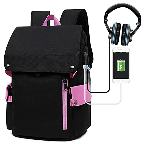 WYCY 35L Large Capcity Mens Backpack Oxford Fabric Laptop School Bag with USB Charging Port and Audio Extension Cable Computer Business Backpack School Bookbag (Black Pink)