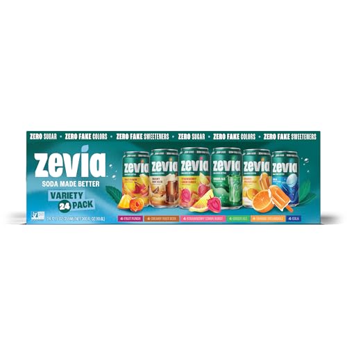 Image of Zevia Zero Sugar Soda, 6 Flavor Soda Variety Pack, 12 oz Cans (24-Pack) - Naturally Sweetened, Non-GMO Project Verified, Gluten-Free, Vegan