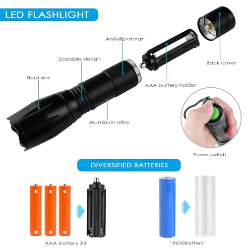 Image of DotCom Ultra Powerful LED Flashlight - Black | Zoomable LED Torch with 5-Modes and Waterproof Body | Battery Powered Handheld Flashlight for Camping, Outdoor, Emergency & Hiking
