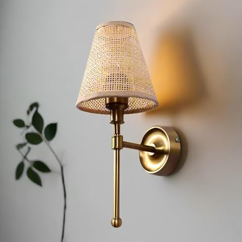 Image of AKWAY Antique Brass Finish Wall Lamps for Living Rooms with Bamboo Shade | Rattan and Cane Wall Light for Bedroom | Wicker Wall scones (Rattan Single Webbing Conical - Alletta)