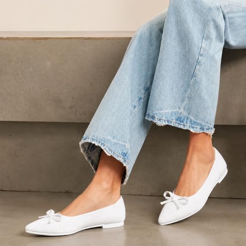 Image of TINGRISE Women's Flats Pointed Toe Bow Knit Ballet Shoes Comfortable Dressy Mesh Slip On Flat