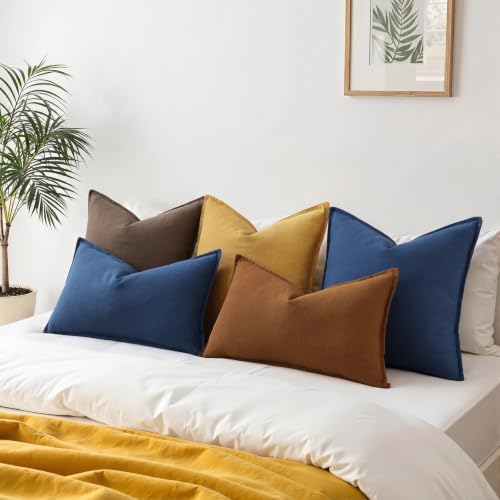 Image of decorUhome Fall Decorative Linen Throw Pillow Covers 12x20 Inch Set of 2 Brick Lumbar Neutral Pillow Covers with Flange Edges Soft Farmhouse Boho Accent Pillow Cases for Couch Bed Living Room