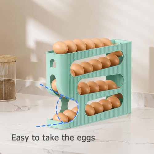 Image of 4-Tier Automatic Rolling Egg Dispenser for Refrigerator - Space-Saving Plastic Egg Holder, Holds Up to 30 Eggs, Roll-Down Design (Mint Green)