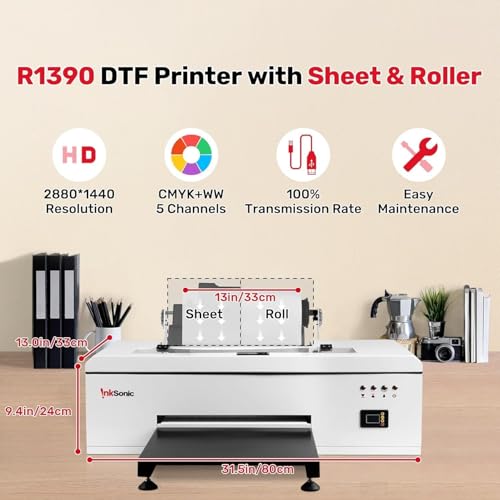 Image of InkSonic R1390 DTF Printer A3 T-shirt Printing Machine with Laptop, 13 inch Print Width Apparel Printer with White Ink Circulation & Auto Clean, Easy to Start Kit with 24 /7 Support for Smal Business, C13