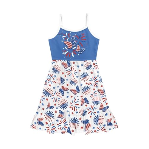 Girls Fourth of July Dress 3-14 Y Kids Spaghetti Strap Tiered Midi Dresses Sleeveless Holiday Party Sundress3