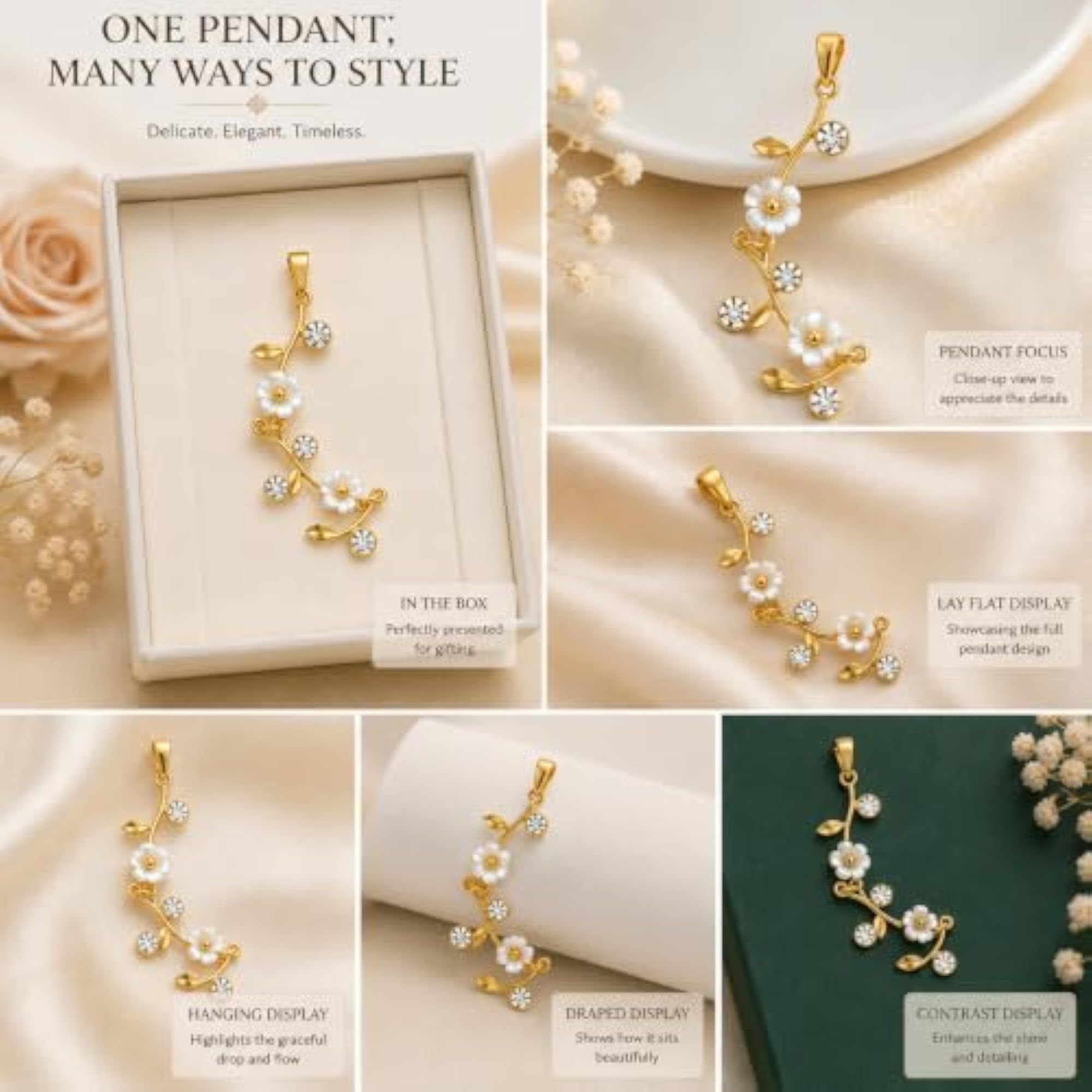 Gold Tone Floral Pendant Necklace for Women, Elegant Design