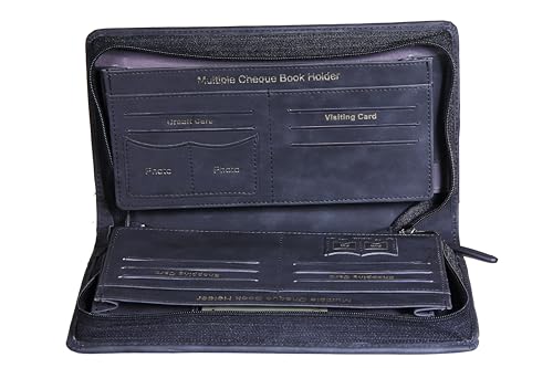Image of Sukeshcraft Multiple Cheque Book Holder | Original PU Holds Upto 8 Cheque Books, 1 Pin-Sim Slot,14 Credit /Debit Card Slots with Matching Zipper (Pu- Black)