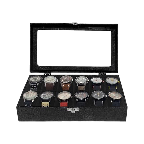 Estojo Para 12 Relógios Com Vidro Com Interno Aveludado Preto Caixa Maleta Porta Relógio