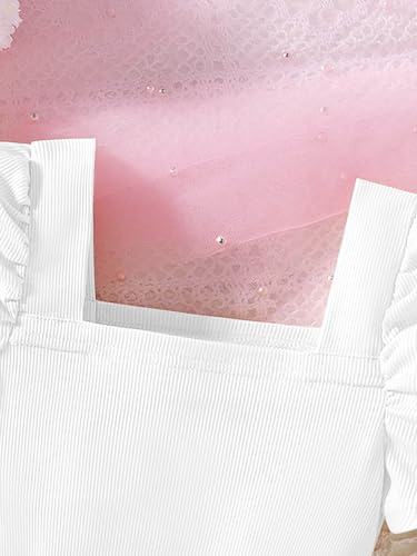 Image of Hilinker Girl's 2 Piece Outfits Puff Sleeve Square Neck Top and Mini Skort Sets White Pink 11-12 Year