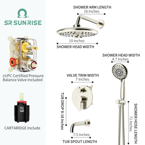 Image of SR SUN RISE 10 Inches Wall Mounted Shower System with Tub Spout Shower Tub Faucets Sets Complete Newer Model High Pressure 8-Spray Rain Shower Head and 6-Setting Handheld Combo, Brushed Nickel