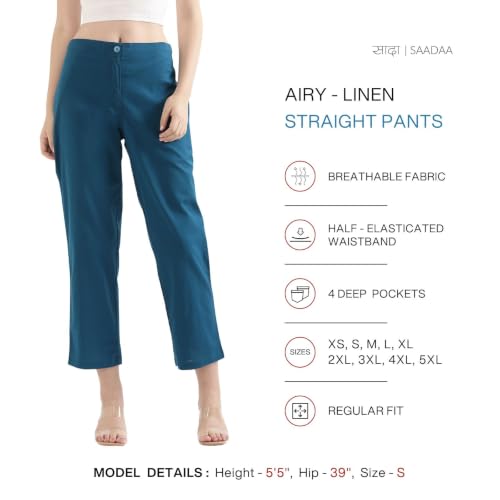 Image of SAADAA Women's Airy Linen Straight Pants | Regular Fit Trousers | Half Elasticated with Drawstrings & Buttons | 4 Pockets | Everyday & Office Wear