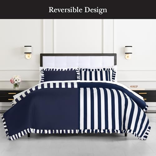 Image of kate spade new york Sateen Ruffle Full /Queen Comforter Set, 300 Thread Count Cotton Sateen Reversible Cover, All Season 3 Piece Bedding, Machine Washable, Astral Aura