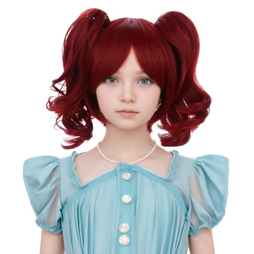 PATTNIUM Red Wig for Kids Girls Short Red Wig with Bangs Child Dark Red Ponytails Wig Include 2 Detachable Buns with Clips Synthetic Wig with Wig Cap(Red)