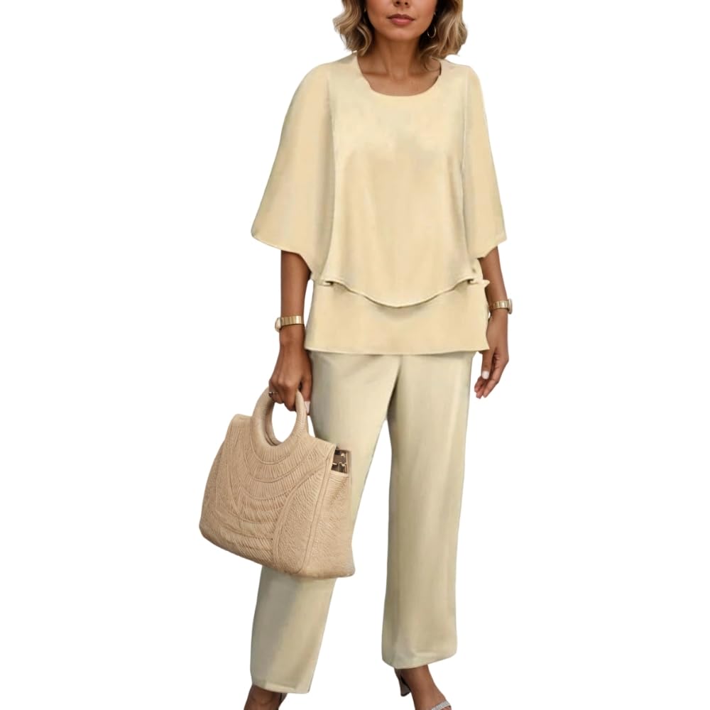 Nupucy Women 2 Piece Outfits Sets Dressy Casual Floral Printed 3/4 Sleeve Crew Neck Double Layer Top Wide Leg Pants Sets