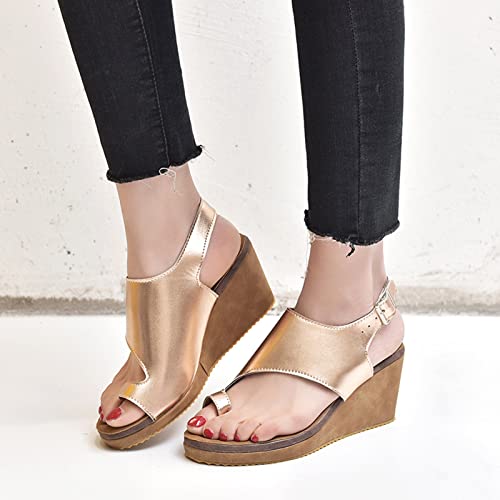 Orthopedic Bunion Corrector Sandals for Women Comfy Platform Wedges PU Leather Shoes Summer Ankle Strap Flip Flops Casual Walking Shoes,Gold,US7/EU38