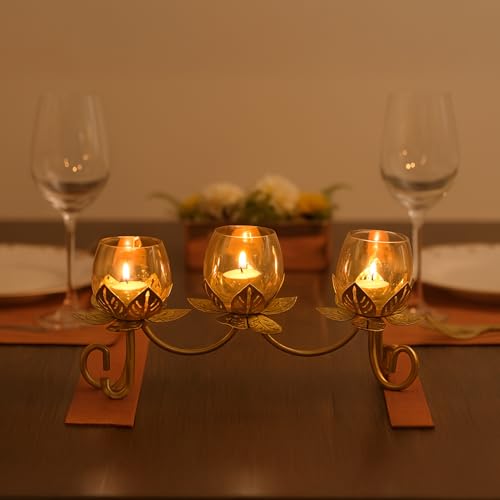 Image of MARKET 99 Metal + Glass 3 Votive T-Light Holder | Elegant Lotus-Shaped Candle Holder for Christmas, Diwali & Wedding Decor | Decorative Tealight Stand for Home, Festive & Gifting Use - Golden