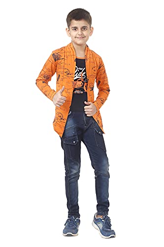 Image of Boys Full Sleeve Cotton Black Printed T-Shirt with Attached Yellow Jacket Shrug Look Smart and Comfortable for Any Casual and Festive Purpose