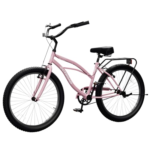 Incbruce Beach Cruiser Bike for Women, 24 Inch Adult City Commuter Bicycle with Rear Rack, V-Brakes, Single Speed Complete Cruiser (Pink)