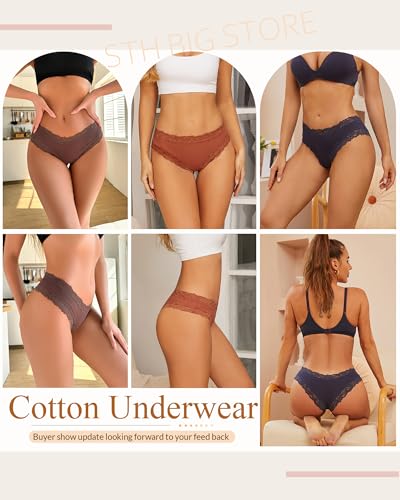 Image of Sth Big Womens Cotton Underwear Sexy Lace Brazilian Panties Soft Breathable Cotton Bikini for Ladies 6 Pack