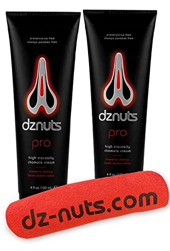 dznuts - Men's Pro Chamois Cream with Microfiber Towel, Anti-Chafing for Saddle Sores, Thigh Friction, Cyclists, Runners - 2 Pack (4 oz Each)