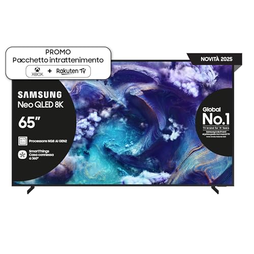 Samsung Neo QLED 8K Vision AI Smart TV 65'' QE65QN900FTXZT Mini LED, NQ8 AI Gen3 Processor, 8K AI Upscaling, Glare Free, Dolby Atmos & OTS Pro, Metal Frame Design, PACCHETTO INTRATTENIMENTO, 2025